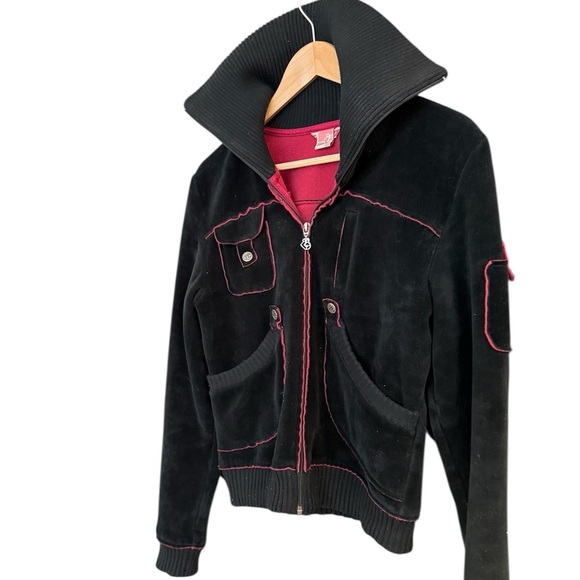 Groggy M Y2K vintage velour/velvet feel Black jacket GVC with Red Stitching - Picture 1 of 11